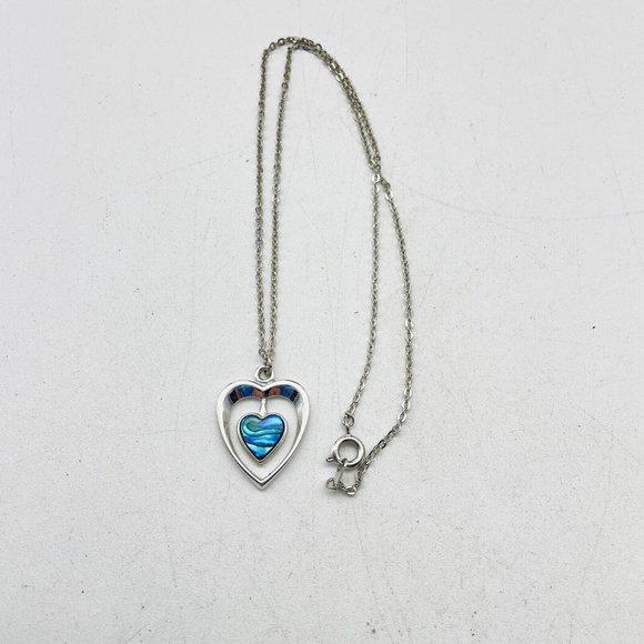 Faux Shell Double Heart Necklace Silver Tone Blue Love Valentine Friendship - Picture 2 of 6